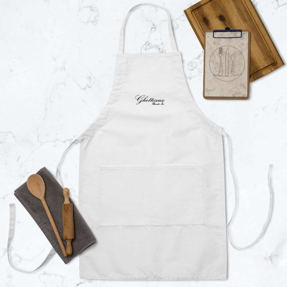 Classic Ghetteaux in Black Embroidery on White Apron